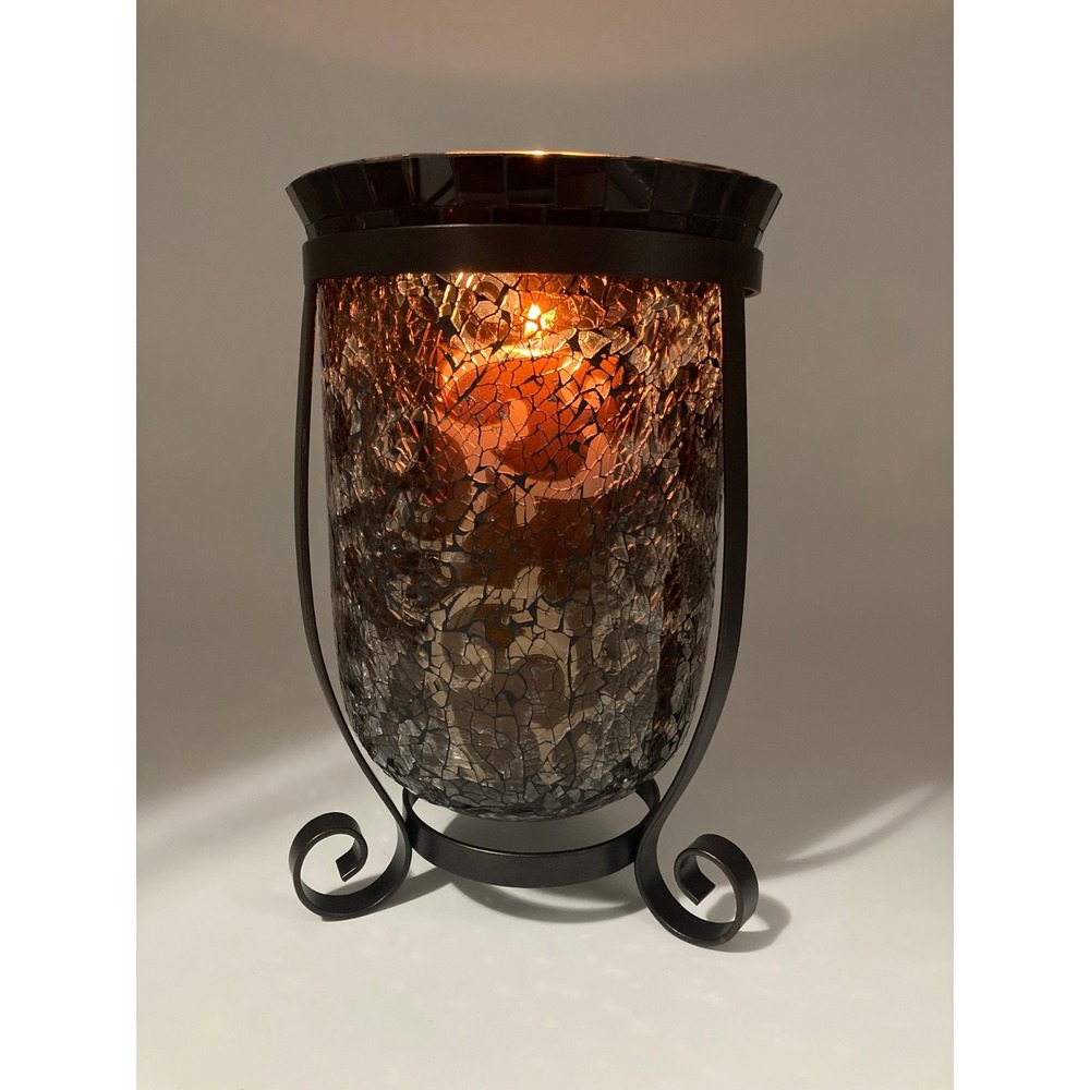PartyLite Amaretto Swirl Mosaic Hurricane Candle Holder P90922 Metal Stand